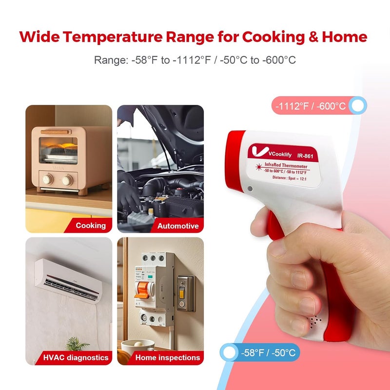 VCooklify Infrared Thermometer for Meat,Laser Temperature Gun,-58~1112°F,DS 12:1 Digital IR Temp Gun with Adjustable Emissivity&High/Low Alarm,LCD Display Thermal Gun for Food Oven Cooking HVAC - Image 3